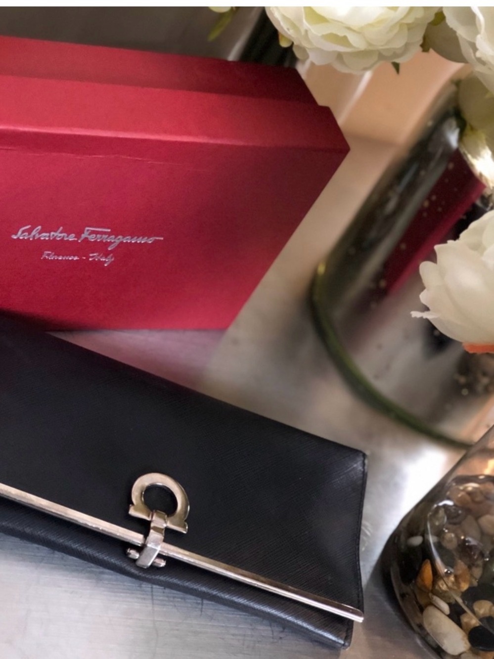Salvatore Ferragamo Black Leather Wallet with Silver Tone Gancini